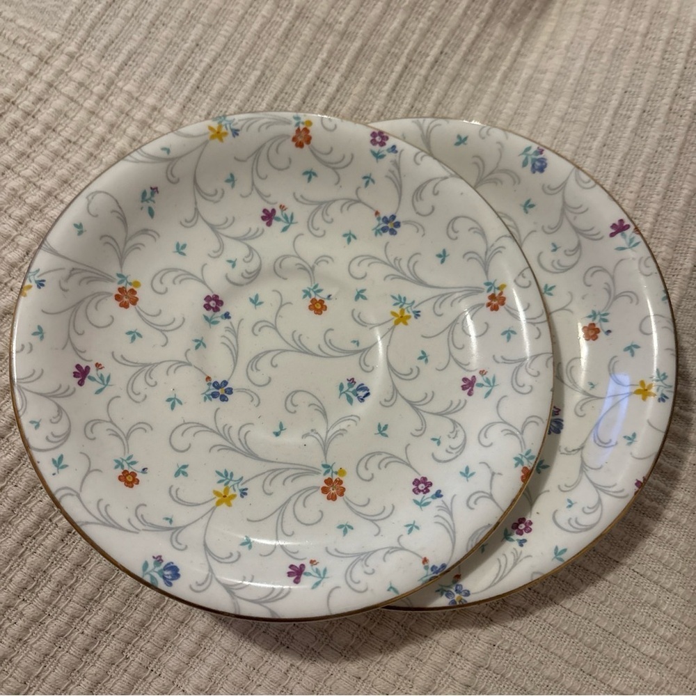 VTG Radfords Crown China Floral Gold Trim Bone China Saucer England 1950s Set 2